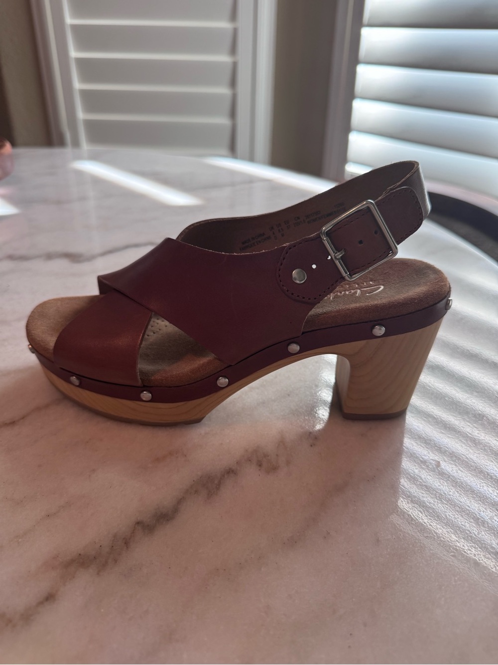 Clarks Brown Leather Clog Sandal with Wooden Block Heel